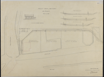 215041 Plattegrond van de Zwem- en badinrichting bij Koningslust aan de Blauwkapelseweg te Utrecht, met doorsneden van ...